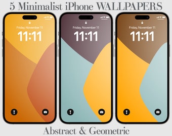 May include: Three iPhone mockups displaying minimalist abstract and geometric wallpapers. Each wallpaper features a different color scheme with a curved shape and a digital clock displaying 11:11.
