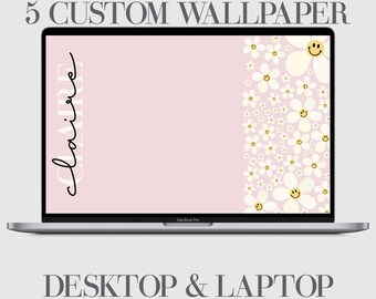 May include: A pink laptop computer with a white daisy pattern and a smiley face on the right side of the screen. The word "claire" is written in cursive on the left side of the screen. The text "5 CUSTOM WALLPAPER DESKTOP & LAPTOP" is at the top of the image.