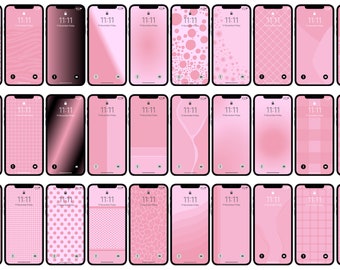 May include: A collection of 20 pink and white phone wallpapers with various patterns, including stripes, polka dots, and geometric designs. The time on each phone screen displays 11:11.