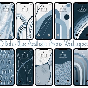 Boho Ästhetische Blau iPhone Wallpaper, Abstraktes Modernes Design Kunst Telefon Hintergrund, 10 Stück Einfache Minimalist Dunkelblau, Hellblau Wallpapers