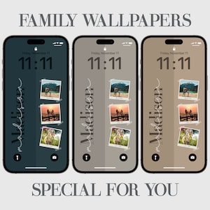 Pode incluir: Três maquetes de telefone com fundo azul escuro, marrom claro e marrom. Cada telefone exibe um papel de parede personalizado com o nome "Madison" e uma série de fotos. O horário em cada telefone é 11:11. O texto "FAMILY WALLPAPERS" está na parte superior da imagem e o texto "SPECIAL FOR YOU" está na parte inferior.