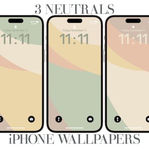 Könnte beinhalten: Drei iPhone-Hintergrundbilder mit minimalistischem Design, die geschwungene Linien in Beige-, Hellgrün- und Gelbtönen zeigen. Die Uhrzeit wird auf jedem Telefonbildschirm als 11:11 angezeigt.