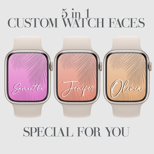 5 in 1, Apple Watch Face Wallpaper, quadrante personalizzato, spiaggia e tropicale, palma, estate, viola, rosa, arancione, beige, personalizzazione