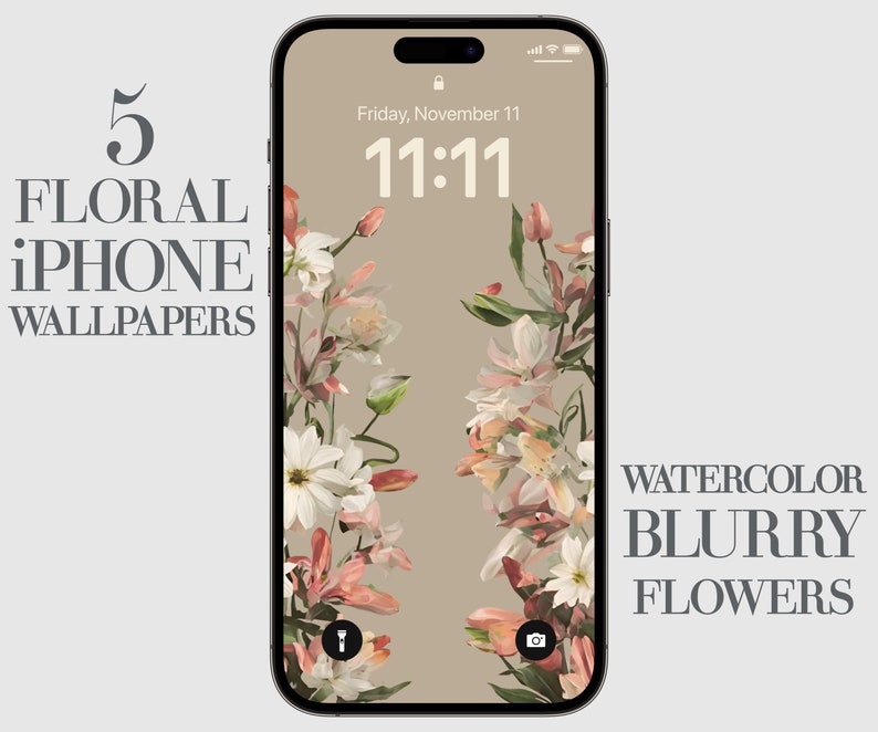 May include: A floral iPhone wallpaper with a watercolour effect. The wallpaper features a light brown background with pink, white, and yellow flowers. The time is 11:11 on the phone screen. The text "WATERCOLOR BLURRY FLOWERS" is displayed on the right side of the image.