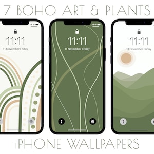 Boho iPhone Wallpaper, Aesthetic Art, Plants Phone Background, Netural Green, Beige, Cream, Botanical Modern Style Art, Simple Design, 7 pcs