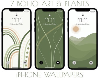 Boho iPhone Wallpaper, Ästhetische Kunst, Pflanzen Telefon Hintergrund, Netural Grün, Beige, Creme, Botanischer Moderner Stil Kunst, Einfaches Design, 7 Stück