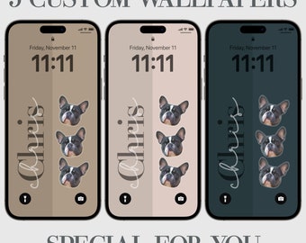 May include: Five custom phone wallpapers featuring a French bulldog with the name "Chris" written in cursive on a light brown and dark gray background. The time on the phone screen is 11:11.