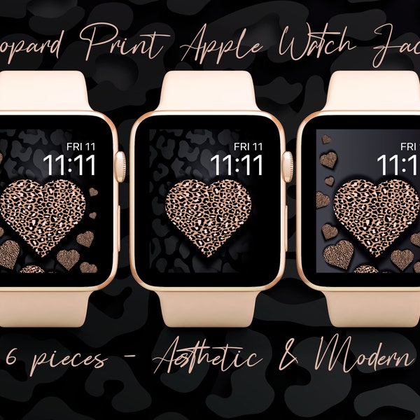 6x Gray Leopard Print Hearts Apple Watch Wallpaper, Animal Print Pink and Gray Smartwatch Faces, Aesthetic Modern Cheetah, Valentines Heart