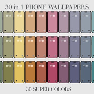 May include: A set of 30 phone wallpapers featuring different shades of green, yellow, orange, red, pink, purple, blue, and teal. Each wallpaper displays the time 11:11 on a black phone screen.