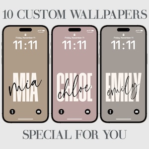 May include: Three phone screen mockups with different colored backgrounds. The first phone has a brown background with the name "mia" in white text. The second phone has a pink background with the name "chloe" in white text. The third phone has a gray background with the name "emily" in white text. All three phones display the time "11:11" and the date "Friday, November 11".