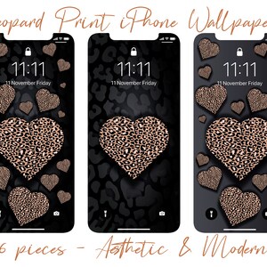 6x Gray Leopard Print Hearts iPhone Wallpaper, Animal Print Pink and Gray Phone Background, Aesthetic Heart, Modern Cheetah, Valentines