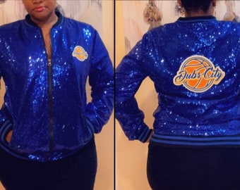 Blue Sequin “Dubs City” Bomber Jacket