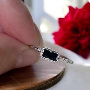 Natural Black Onyx Ring Engagement Proposal Ring, Baguette Cut Black Onyx Ring Bridal Promise Ring, Statement Ring, Wedding Anniversary Ring