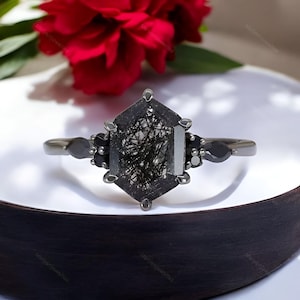 Natural Black Rutilated Quartz Engagement Proposal Ring Hexagon Cut Quartz Promise Ring Dainty Quartz Stacking Ring Wedding Anniversary Ring