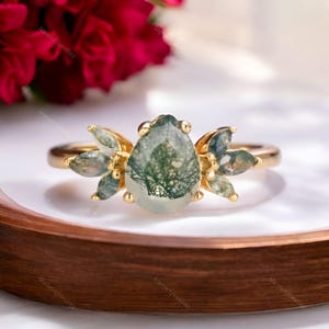 Unique Green Moss Agate Filled Engagement Proposal Ring Pear Cut Bridal Promise Ring Natural Agate Statement Ring Wedding Anniversary Ring.