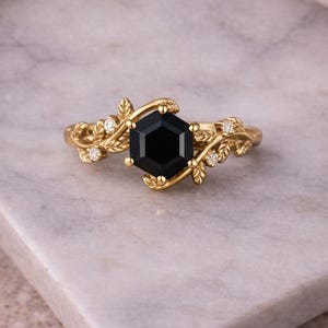 Black Onyx Engagement Ring-Art Deco,  Emerald Cut Hexagon Gold Leaf Floral Ring, Promise Wedding Anniversary Gift for Her