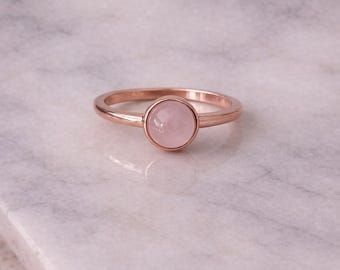 Anillo de cuarzo rosa de talla redonda, delicado anillo de compromiso, alianza de aniversario de boda, anillo de promesa para mujer.