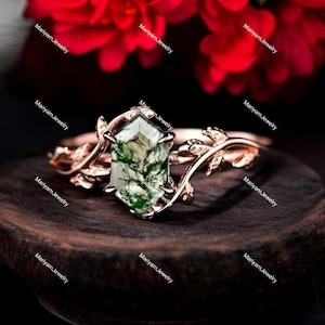 Natural Moss Agate Engagement Proposal Ring Long Hexagon Cut Bridal Promise Ring Floral Leaf Agate Solitaire Ring Wedding Anniversary Ring.