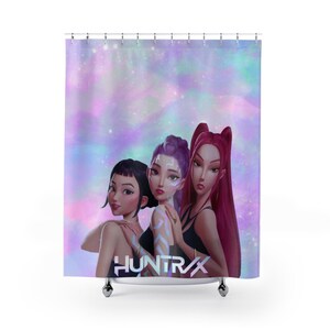 May include: A shower curtain featuring a digital illustration of three women with stylized features. The women have dark hair, purple hair, and red hair. The background is a colorful blend of purples, blues, and pinks. The word "HUNTR/X" is printed in white.
