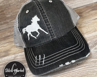 Horse Design Embroidered Mesh Back Distressed Hat, Baseball Cap, Trucker Hat, Equestrian Hat