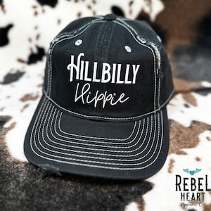 Hillybilly Hippie Western Distressed Hat, Baseball Cap, Trucker Hat, Unstructured Rhinestone