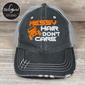 Messy Hair Don't Care | Embroidered Distressed Mesh Back Hat, Baseball Cap, Trucker Hat