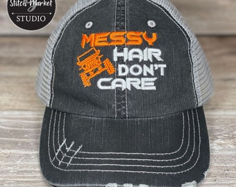 Messy Hair Don&#39;t Care | Embroidered Distressed Mesh Back Hat, Baseball Cap, Trucker Hat