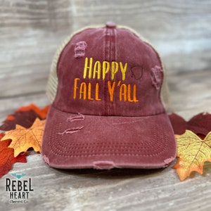 Happy Fall Y&#39;all Hat Ponytail Hat | Embroidered Mesh Back Ponytail Distressed Hat, Baseball Cap, Trucker Hat, Autumn, Fall
