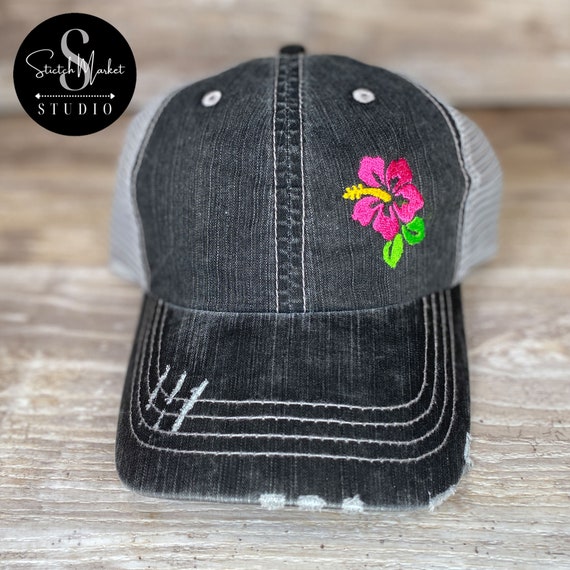 Hibiscus Embroidered Mesh Back Distressed Hat, Baseball Cap  display picture 3