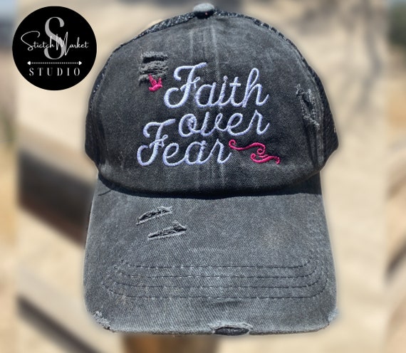Faith Over Fear Criss Cross Ponytail Embroidered Mesh Back  display picture 2