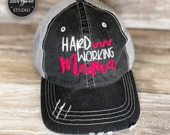 Duro lavoro Mama ricamato maglia posteriore cappello stressato, berretto da baseball, cappello da camionista, cappello della mamma, cappello della mamma, regalo per la mamma