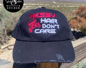 Messy Hair Don&#39;t Care Embroidered Mesh Back Distressed Hat, Baseball Cap, Trucker Hat