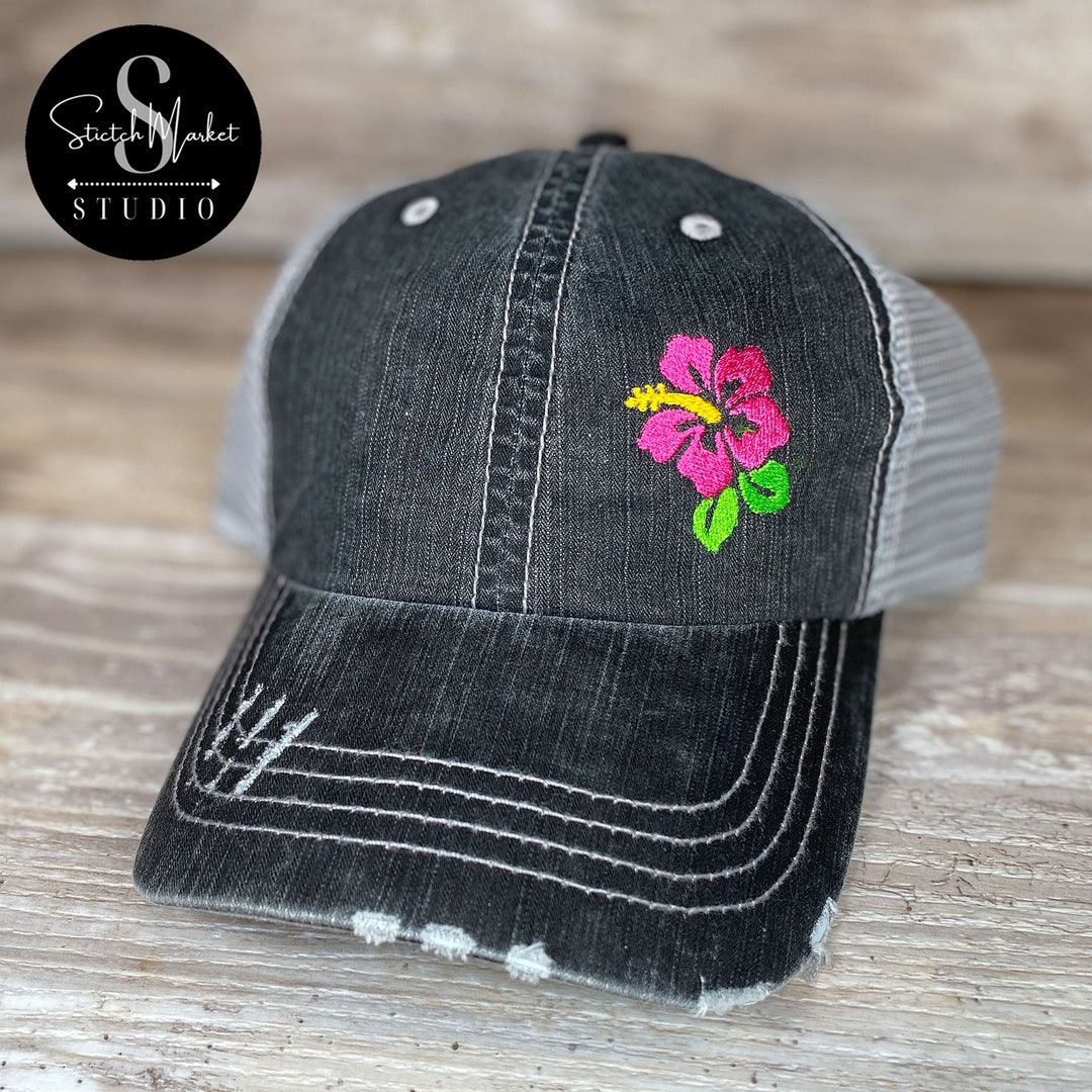 Hibiscus Embroidered Mesh Back Distressed Hat Baseball Cap - Etsy