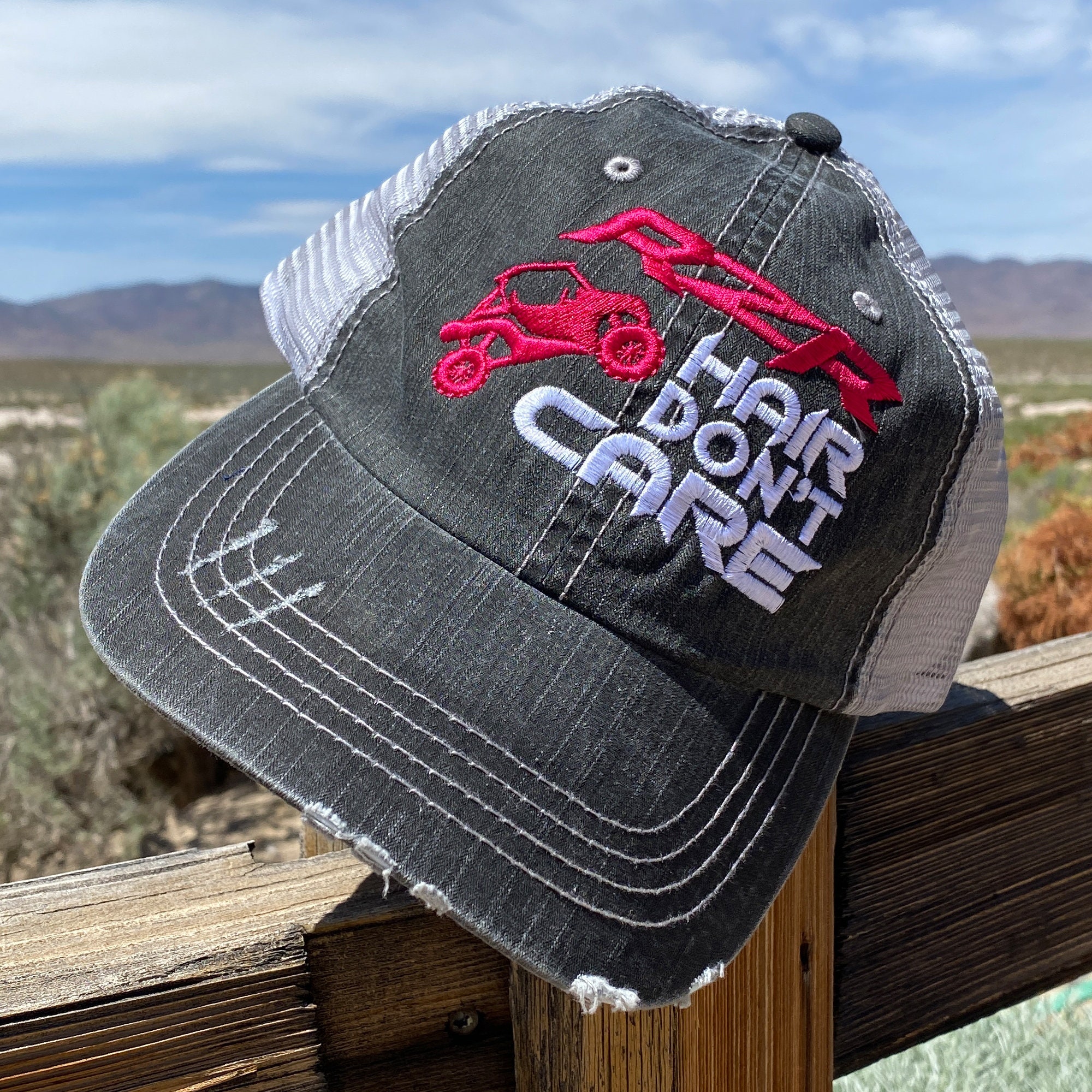 RZR Hair Don't Care Embroidered Mesh Back Distressed Hat, Baseball Cap, Trucker Hat