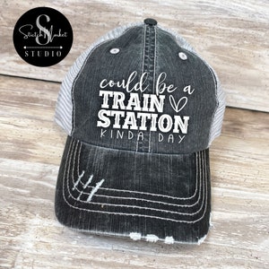 Could be a TRAIN STATION kind of day, PRINTED Mesh Back Hat, Messy Bun Hat, Fun, Unisex Cap