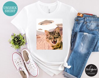 Alien Cat T-shirt, leuk grafisch T-shirt voor kattenliefhebbers, cadeaus voor eigenaren van gezelschapsdieren, kleding met ufo-thema, eigenzinnig dierenshirt