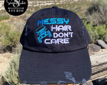 Messy Hair Don&#39;t Care Embroidered Distressed Mesh Back Hat, Baseball Cap, Trucker Hat