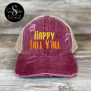 Happy Fall Y&#39;all Hat Ponytail Hat | Embroidered Mesh Back Ponytail Distressed Hat, Baseball Cap, Trucker Hat, Autumn, Fall