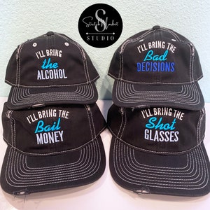 I&#39;ll bring the Alcohol, Bad decisions, Shot glasses, and many more Embroidered Mesh Back Distressed Hat, Baseball Cap, CUSTOM Bachorette