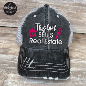 This Girl Sells Real Estate, Realtor Embroidered Mesh Back Distressed Hat, Baseball Cap, Trucker Hat