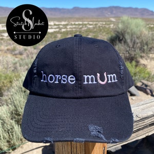 Horse Mum Embroidered Mesh Back Distressed Hat, Baseball Cap, Trucker Hat
