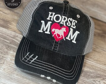 Horse Mom Heart Embroidered Mesh Back Distressed Hat, Baseball Cap, Trucker Hat, Equestrian Hat Choose your color