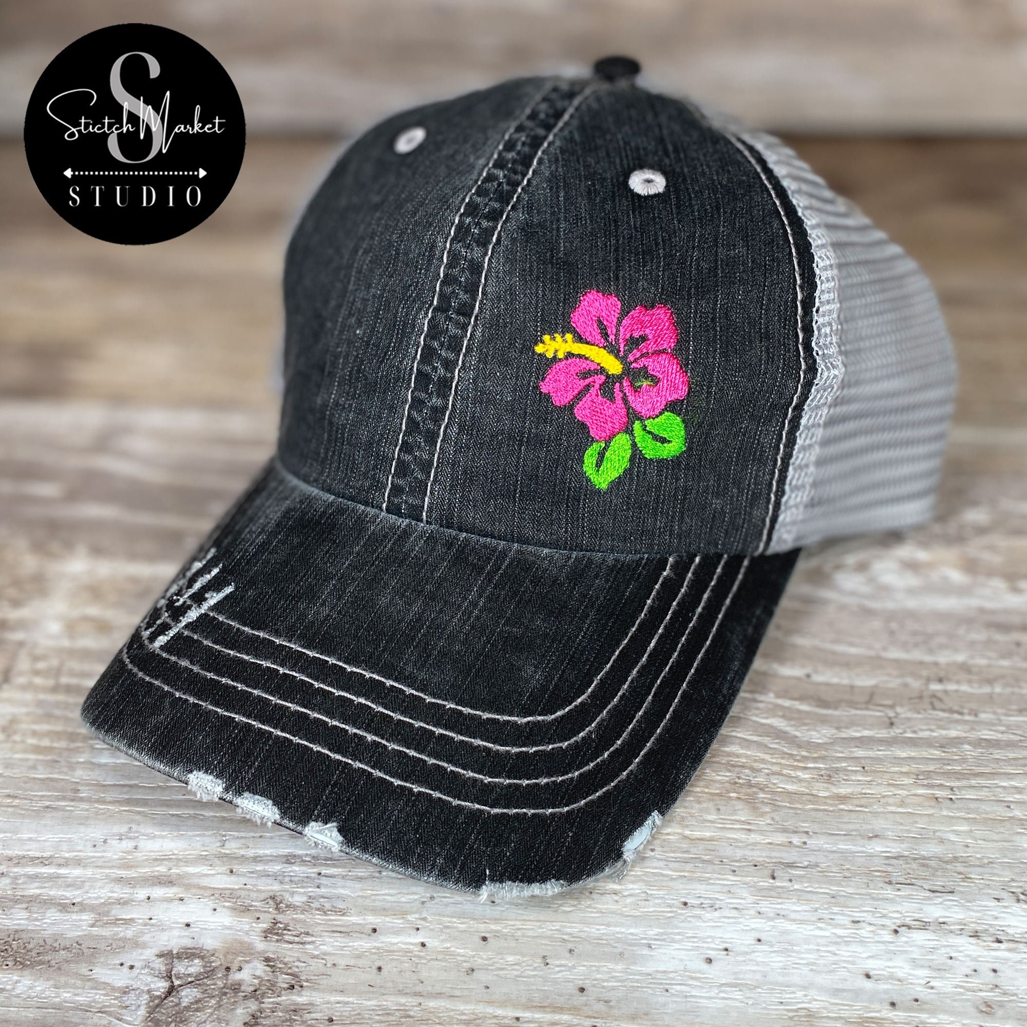 Women's Ponytail Trucker Hat - Aloha Sky Pink Hibiscus Embroidery, Cotton/Polyester, Adjustable, Vintage Style - View #13