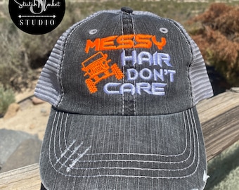 Messy Hair Don&#39;t Care Embroidered Mesh Back Distressed Hat, Baseball Cap, Trucker Hat