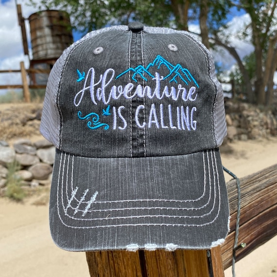 Adventure is Calling Embroidered Mesh Back Distressed Hat 