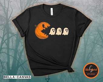 Camiseta de calabaza de Pac-Man, divertida camiseta de Halloween de comer fantasma, camiseta retro de Halloween para gamers, camiseta de calabaza fantasma espeluznante, regalo para fiesta de Halloween