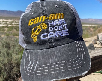 CAN-AM Hair Don&#39;t Care Embroidered Mesh Back Distressed Hat, Baseball Cap, Trucker Hat