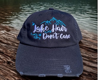 Lake Hair Don't Care | Embroidered Mesh Back Distressed Hat, Baseball Cap, Trucker Hat