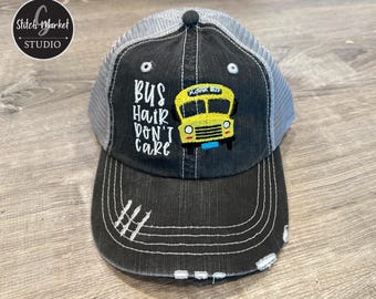 Bus Hair Don't Care Embroidered Mesh Back Distressed HatFunny School Bus Driver Shirt,Back To School,School Bus Shirt,School Bus Driver Gift