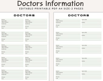 Editable Doctors Contact Information, Doctors Contact Log, Medical Binder Contact Inserts, Emergency Contact List, Doctor List Medical Plan